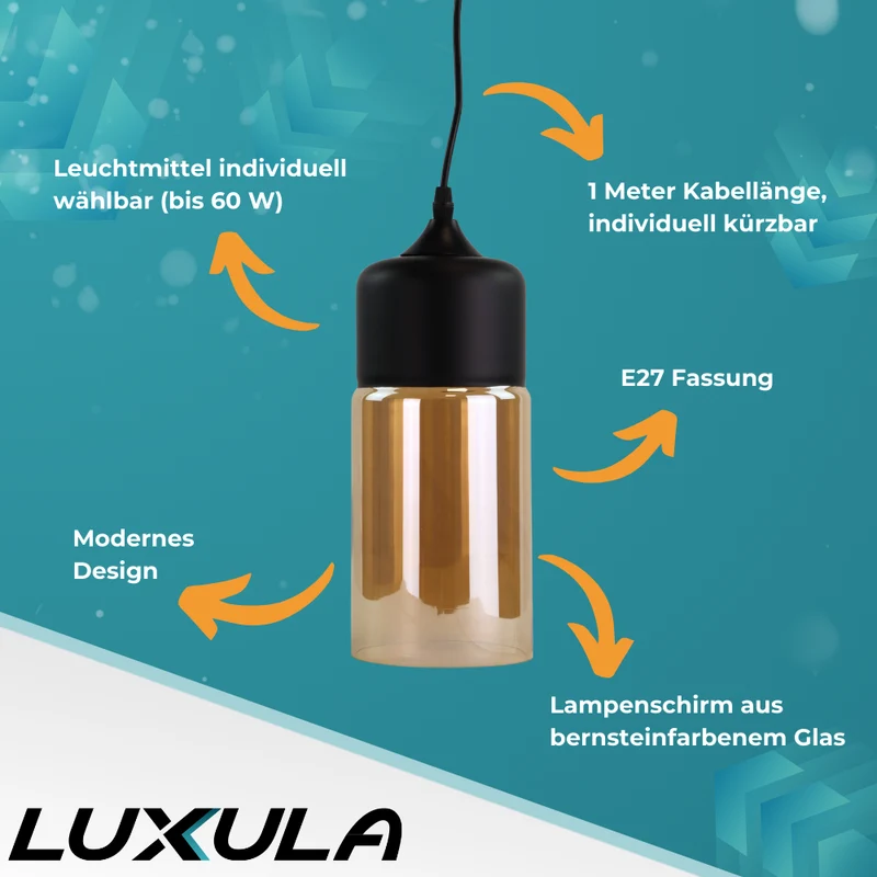Elegante Pendelleuchte in schwarz, zylinderförmig, aus Glas, E27-Fassung, IP20, Ø13 cm