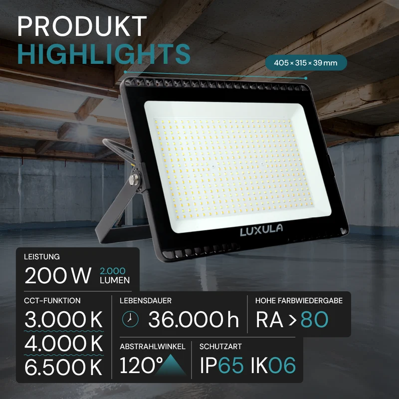 LED CCT Fluter, 200 W, 3000-6500 K (warm-, neutral-, kaltweiß), 20000 lm, schwarz, IP65