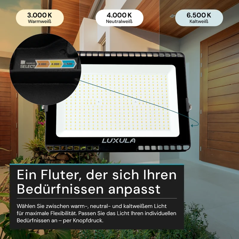 LED CCT Fluter, 200 W, 3000-6500 K (warm-, neutral-, kaltweiß), 20000 lm, schwarz, IP65