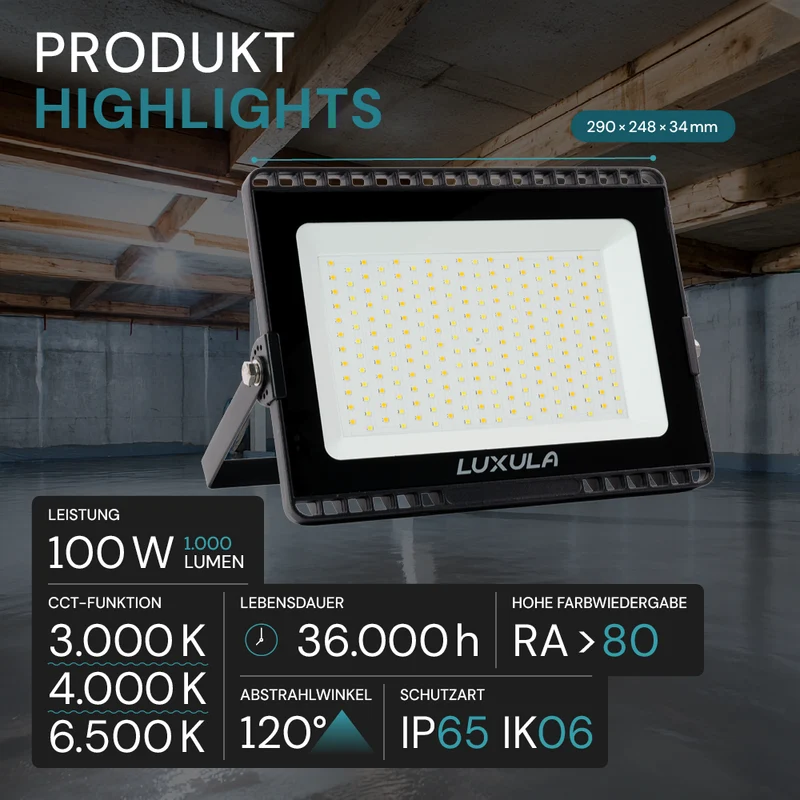 LED CCT Fluter, 100 W, 3000-6500 K (warm-, neutral-, kaltweiß), 10000 lm, schwarz, IP65