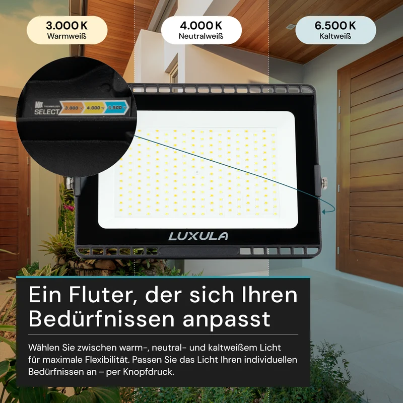 LED CCT Fluter, 100 W, 3000-6500 K (warm-, neutral-, kaltweiß), 10000 lm, schwarz, IP65