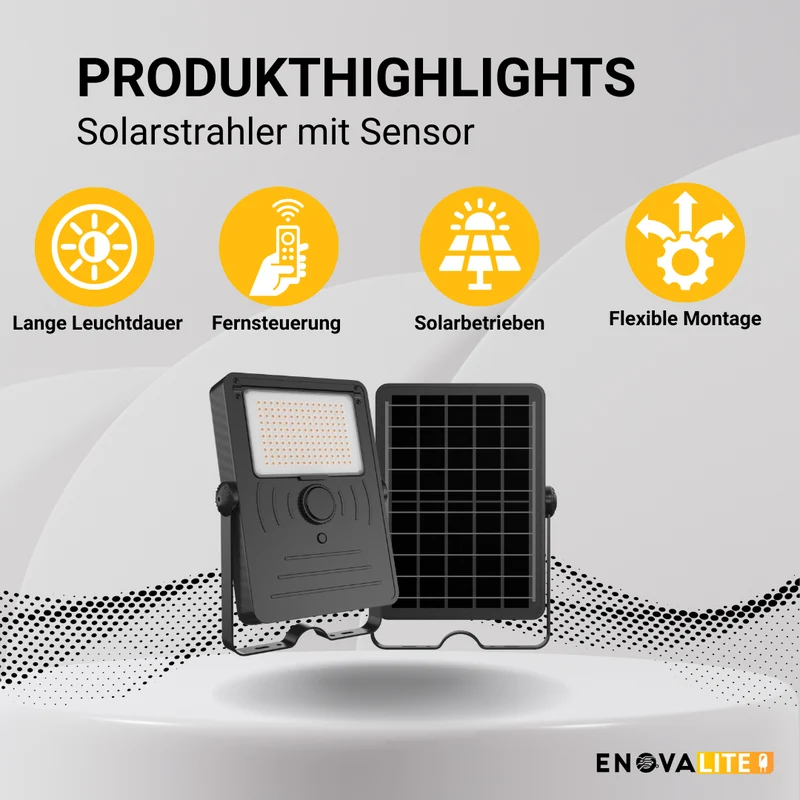 Solarstrahler mit Sensor, LED-Fluter, 24 h Lichtzeit, 10 W, 1500 lm, 4000 K (neutralweiß), IP65, Parkplatzleuchte