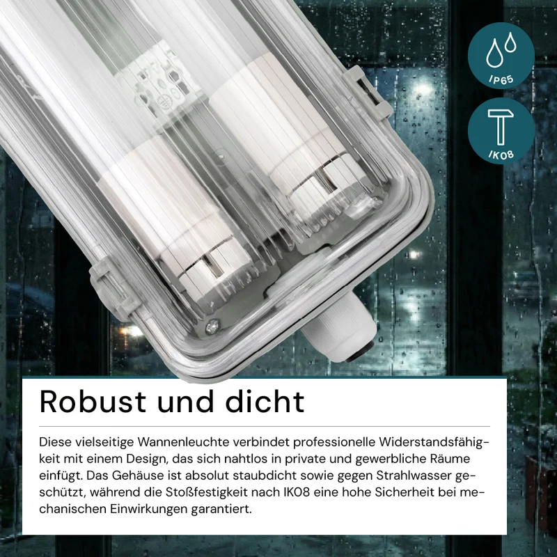 LED Wannenleuchte mit 2x 22W LED-Röhren T8, 150cm, 4000K, IP65, IK08