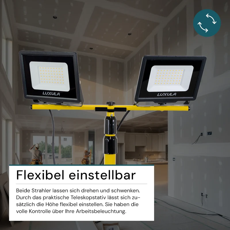 LED Baustrahler mit Stativ, 2x 50 W, 4000 K (neutralweiß), 10000 lm, IP65, Schutzkontaktstecker, Ein/Aus-Schalter