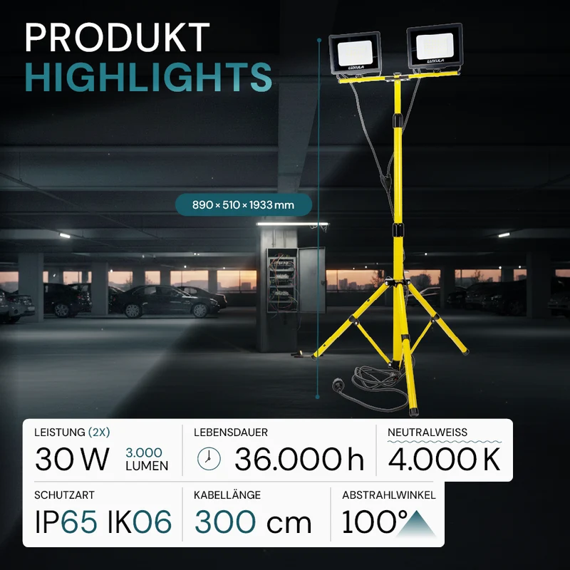 LED Baustrahler mit Teleskop-Stativ, 2x 30 W, 4000 K (neutralweiß), 6000 lm, IP65, Schutzkontaktstecker, Ein/Aus-Schalter