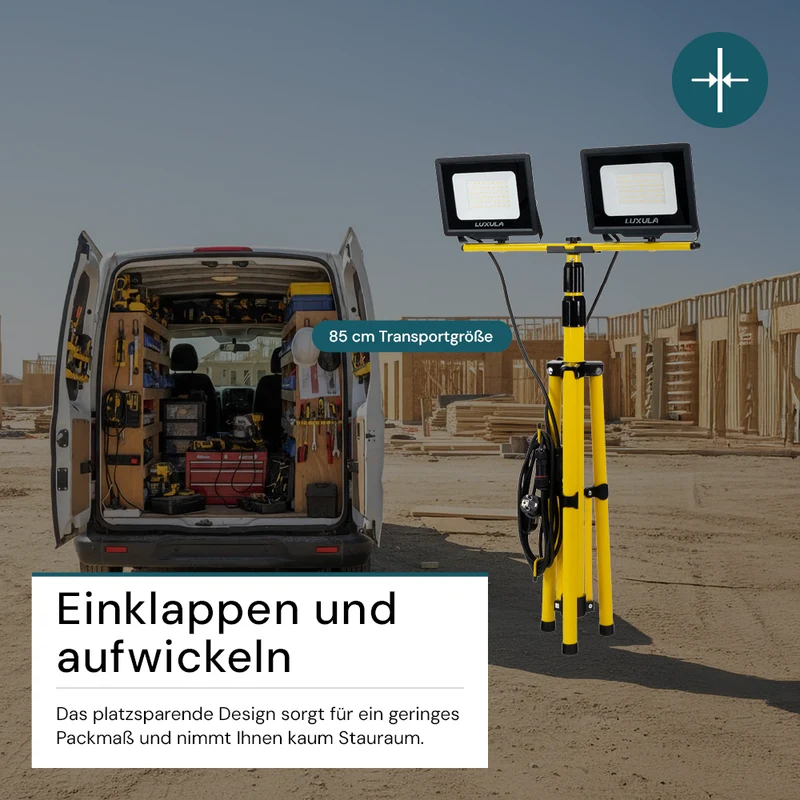 LED Baustrahler mit Teleskop-Stativ, 2x 30 W, 4000 K (neutralweiß), 6000 lm, IP65, Schutzkontaktstecker, Ein/Aus-Schalter