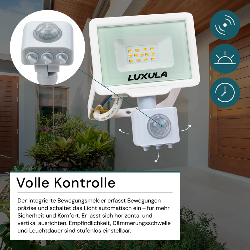 LED-Fluter mit Bewegungsmelder, 10 W, 4000 K (neutralweiß), 1000 lm, weiß, IP65