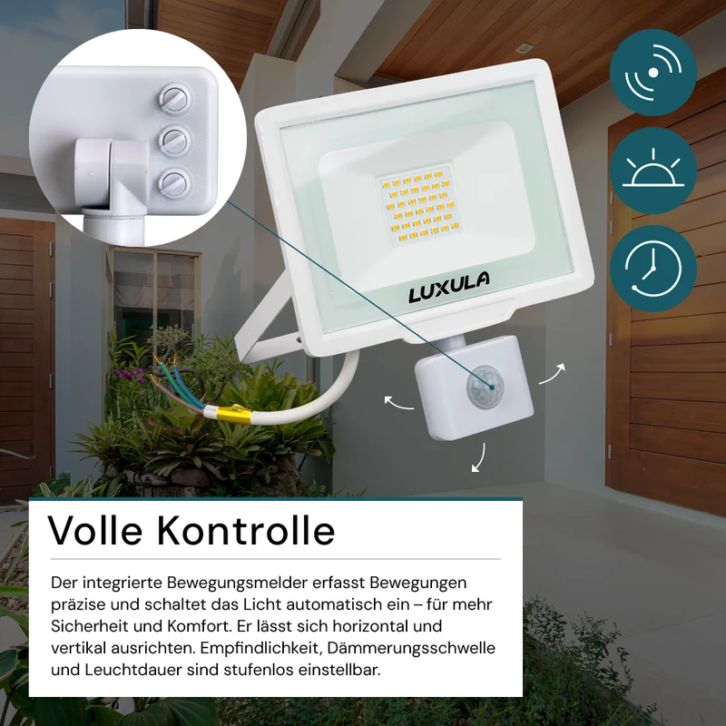 LED-Fluter mit Bewegungsmelder, 30 W, 3000 K (warmweiß), 3000 lm, weiß, IP65