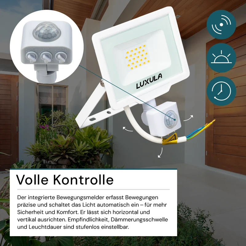 LED-Fluter mit Bewegungsmelder, 20 W, 3000 K (warmweiß), 2000 lm, weiß, IP65