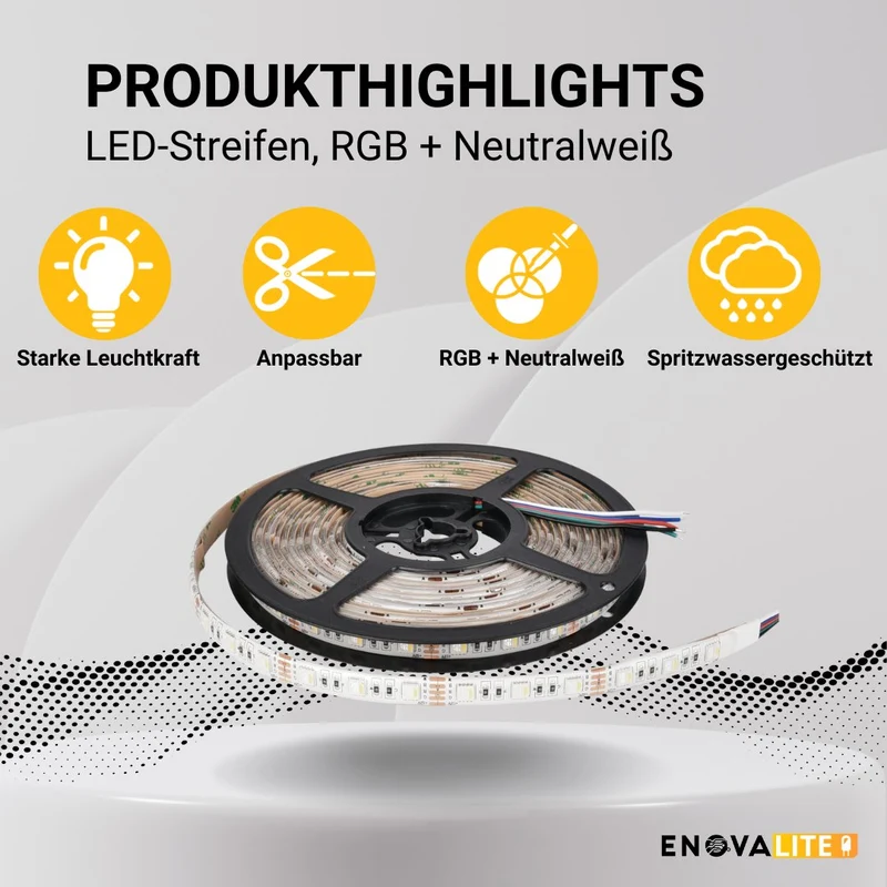 LED-Streifen, RGB und neutralweißes Licht, 5 Meter Länge, IP54, 60LED/m, 12 V, 10 mm
