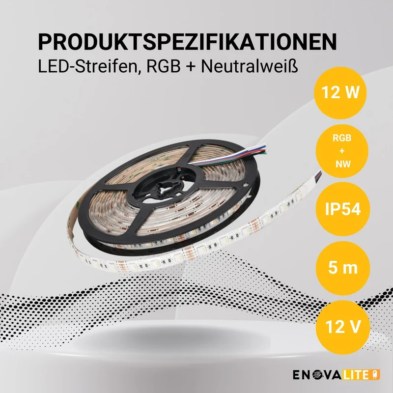 LED-Streifen, RGB und neutralweißes Licht, 5 Meter Länge, IP54, 60LED/m, 12 V, 10 mm