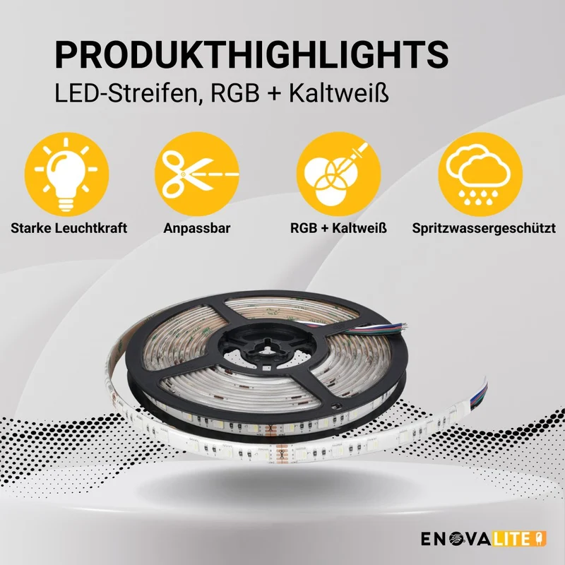 LED-Streifen, RGB und kaltweißes Licht, 5 Meter Länge, IP54, 60LED/m, 24 V, 10 mm