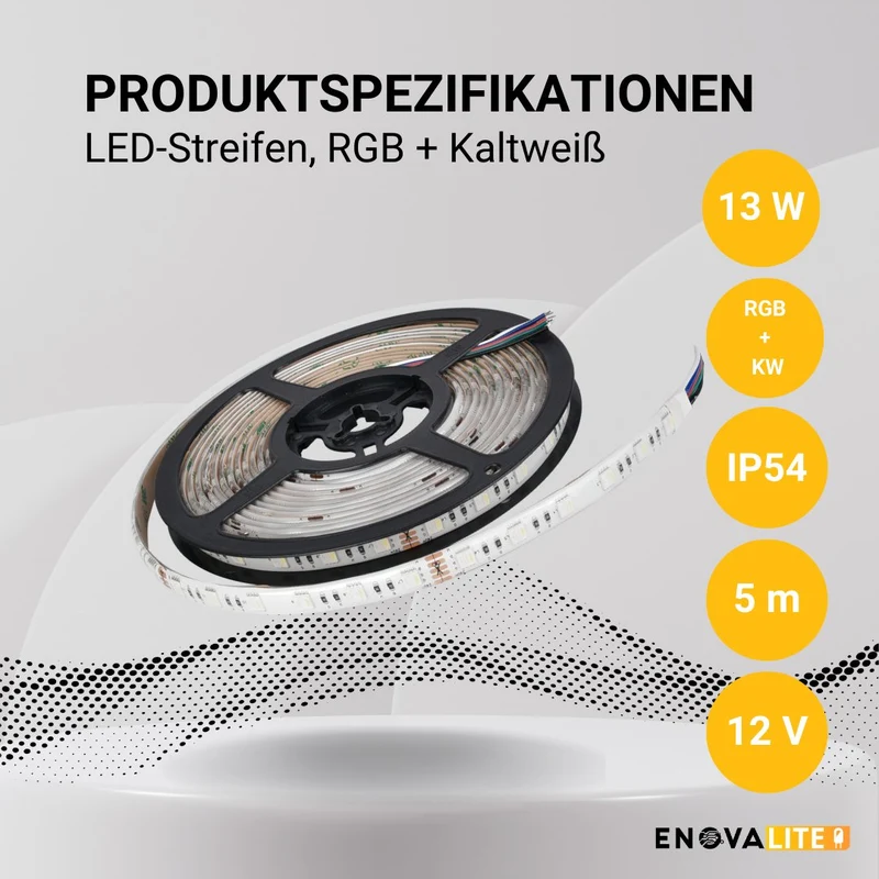 LED-Streifen, RGB und kaltweißes Licht, 5 Meter Länge, IP54, 60LED/m, 24 V, 10 mm