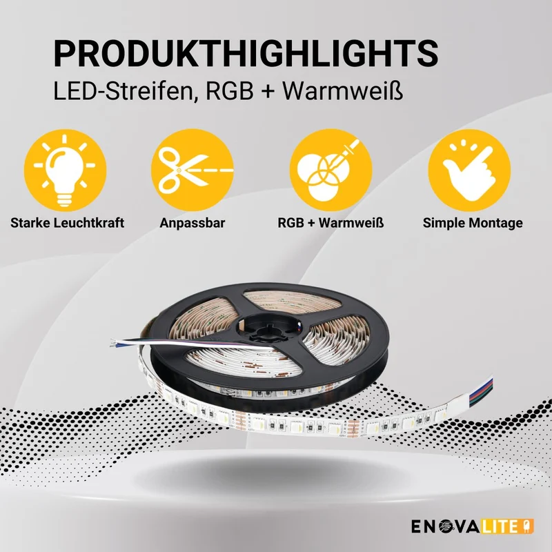 LED-Streifen, RGB und warmweißes Licht, 5 Meter Länge, 60LED/m, 12 V, 10 mm