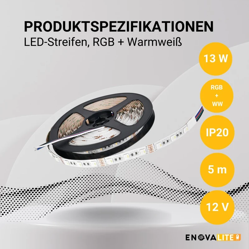LED-Streifen, RGB und warmweißes Licht, 5 Meter Länge, 60LED/m, 12 V, 10 mm
