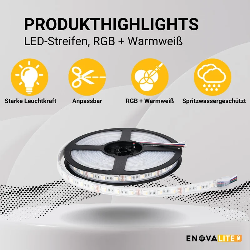 LED-Streifen, RGB und warmweißes Licht, 5 Meter Länge, IP65, 60LED/m, 12 V, 10 mm