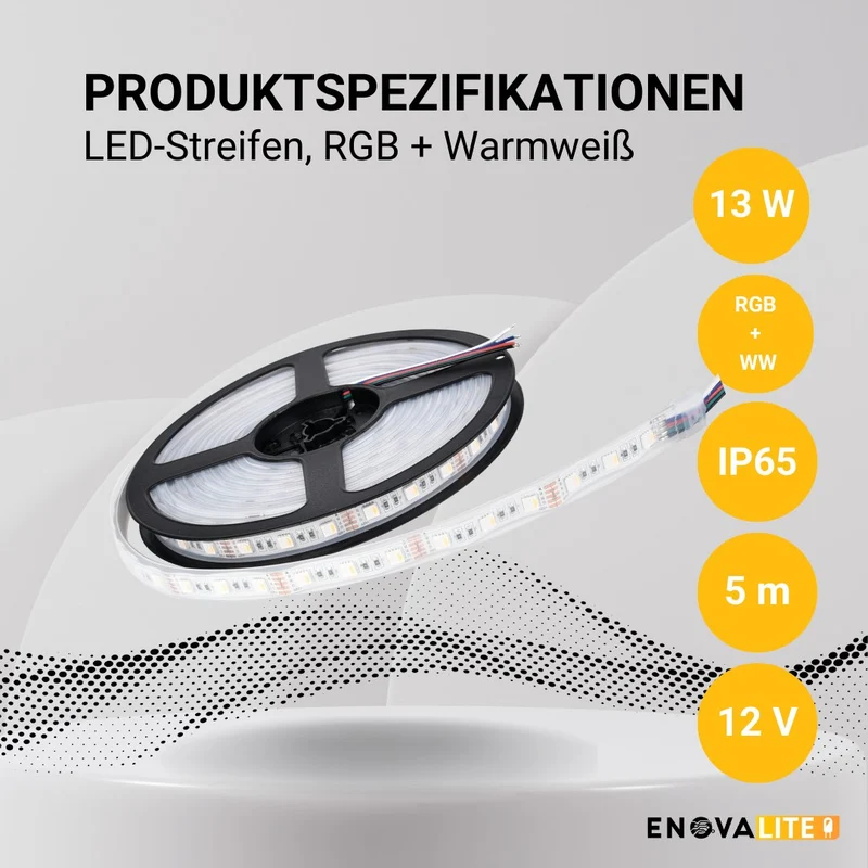 LED-Streifen, RGB und warmweißes Licht, 5 Meter Länge, IP65, 60LED/m, 12 V, 10 mm
