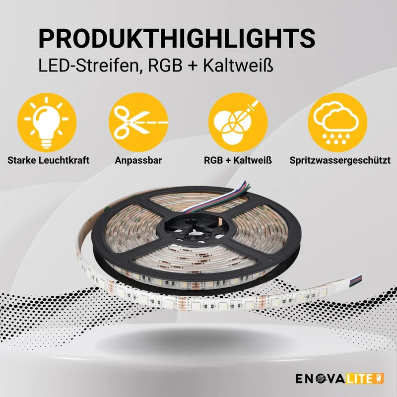 LED-Streifen, RGB und kaltweißes Licht, 5 Meter Länge, IP54, 60 LED/m, 12 V, 10 mm
