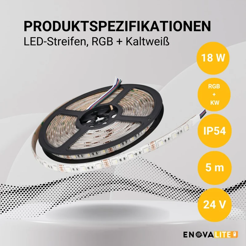 LED-Streifen, RGB und kaltweißes Licht, 5 Meter Länge, IP54, 60 LED/m, 12 V, 10 mm