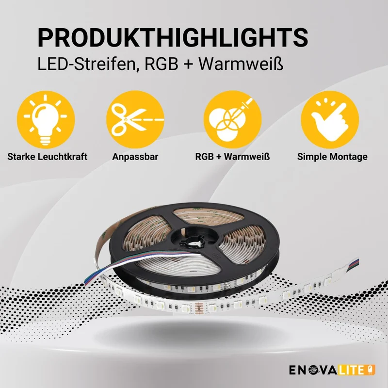 LED-Streifen, RGB und warmweißes Licht, 5 Meter Länge, 60 LED/m, 24 V, 10 mm
