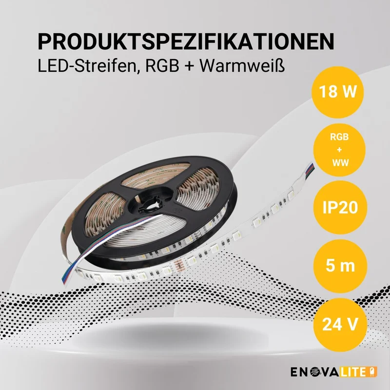LED-Streifen, RGB und warmweißes Licht, 5 Meter Länge, 60 LED/m, 24 V, 10 mm