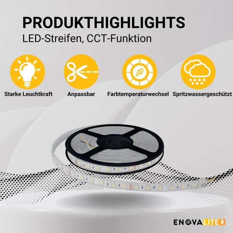 LED-Streifen mit CCT-Funktion, warm-, neutral-, und kaltweißes Licht, 5 Meter Länge, IP65, 60 LED/m, 24 V, 10 mm