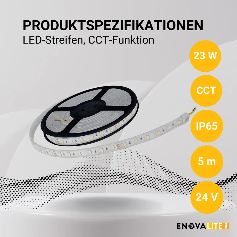 LED-Streifen mit CCT-Funktion, warm-, neutral-, und kaltweißes Licht, 5 Meter Länge, IP65, 60 LED/m, 24 V, 10 mm