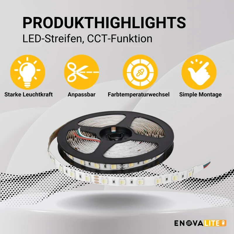 LED-Streifen mit CCT-Funktion, warm-, neutral-, und kaltweißes Licht, 5 Meter Länge, 60 LED/m, 24 V, 10 mm