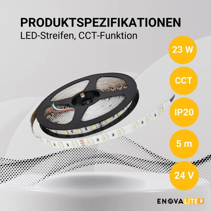 LED-Streifen mit CCT-Funktion, warm-, neutral-, und kaltweißes Licht, 5 Meter Länge, 60 LED/m, 24 V, 10 mm