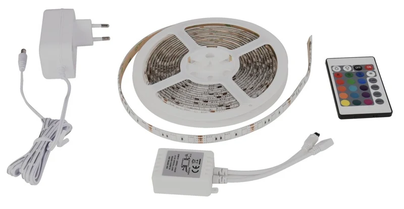 Set LED-Streifen, RGB, 5 Meter Länge, 60 LED/m, 12 V, 10 mm, inklusive Fernbedienung und Netzteil