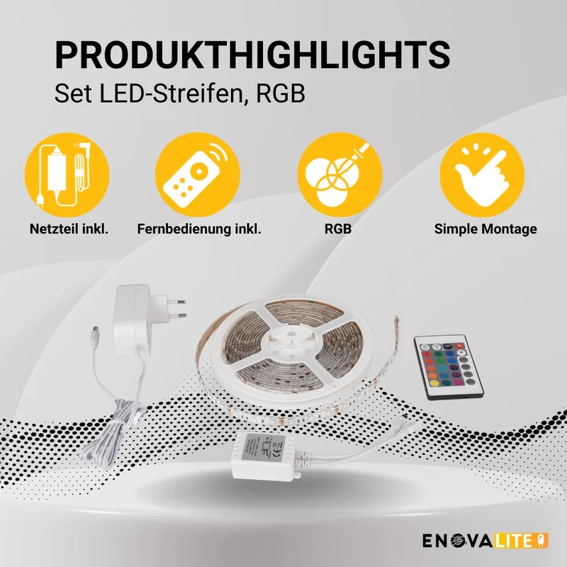 Set LED-Streifen, RGB, 5 Meter Länge, 60 LED/m, 12 V, 10 mm, inklusive Fernbedienung und Netzteil