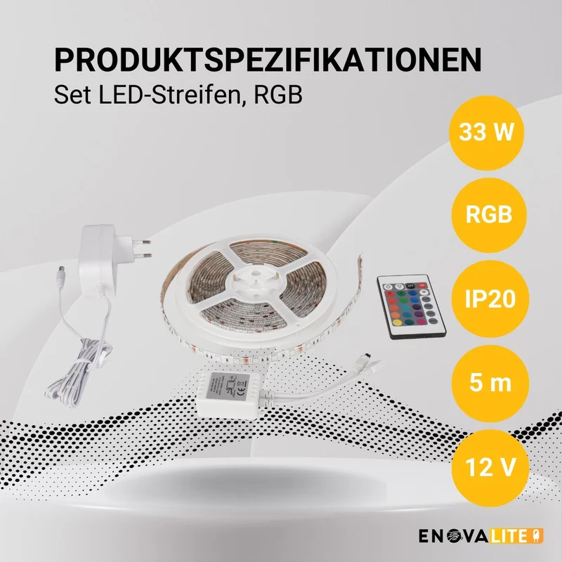 Set LED-Streifen, RGB, 5 Meter Länge, 60 LED/m, 12 V, 10 mm, inklusive Fernbedienung und Netzteil