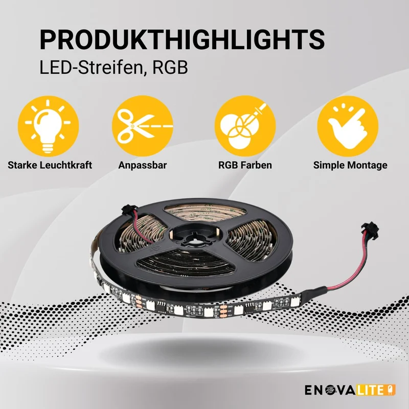 Digitaler LED-Streifen in RGB Farben, 5 Meter Länge, 60 LED/m, 5 V, 10 mm, WS2812b