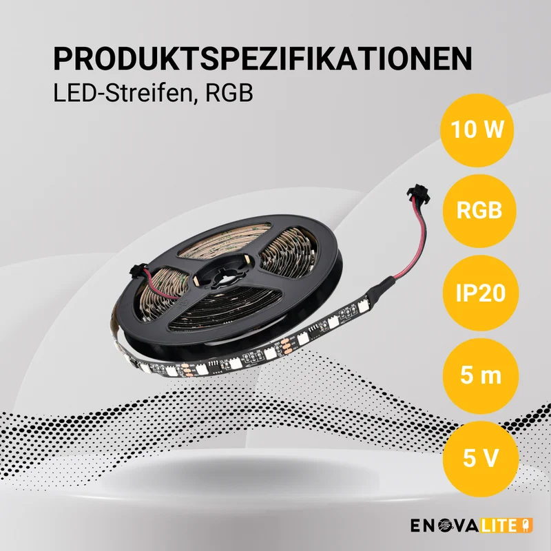 Digitaler LED-Streifen in RGB Farben, 5 Meter Länge, 60 LED/m, 5 V, 10 mm, WS2812b
