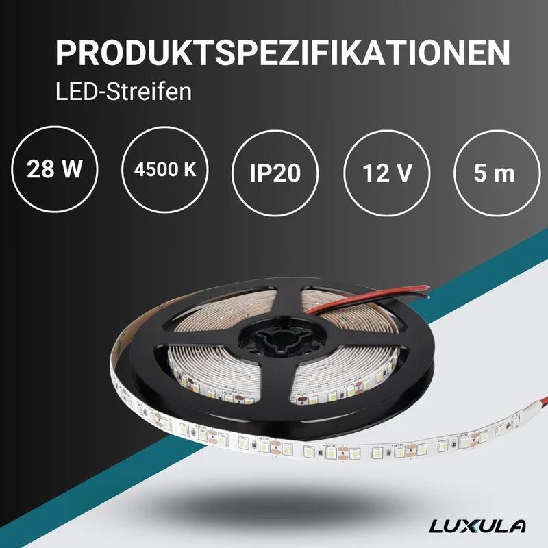 LED-Streifen, 5 m Länge, 4500 K neutralweißes Licht, 120 LED/m, 12 V, 8 mm