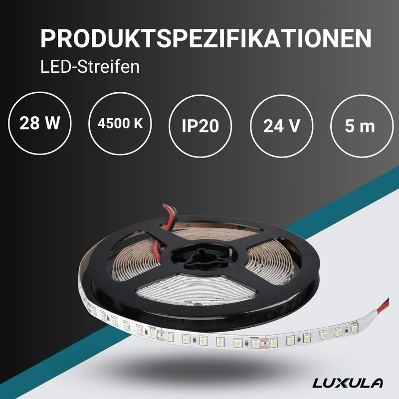 LED-Streifen, 5 m Länge, 4500 K neutralweißes Licht, 120 LED/m, 24 V, 8 mm