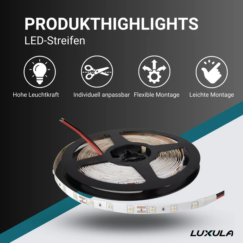 LED-Streifen, 5 m Länge, 2700 K warmweißes Licht, 60 LED/m, 12 V, 8 mm