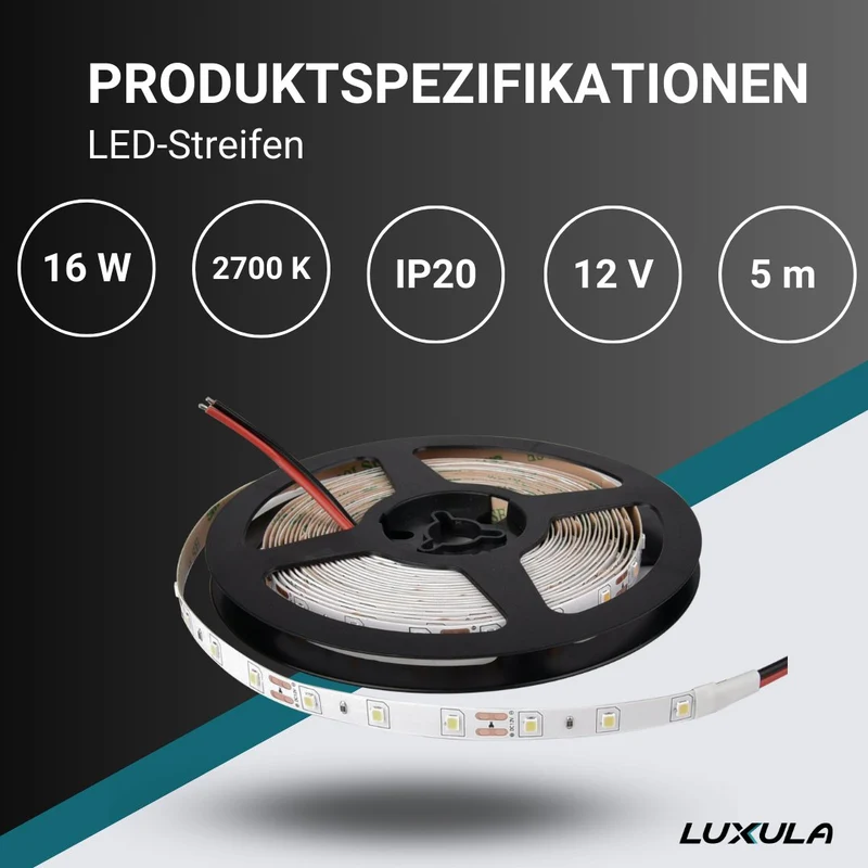 LED-Streifen, 5 m Länge, 2700 K warmweißes Licht, 60 LED/m, 12 V, 8 mm