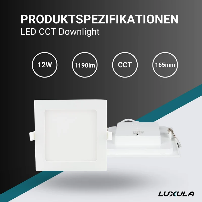 6er Set LED CCT Downlight, 12W, 1190 lm, 165x32mm, 3000-4000-6000K einstellbar, mit Diffusor, eckig