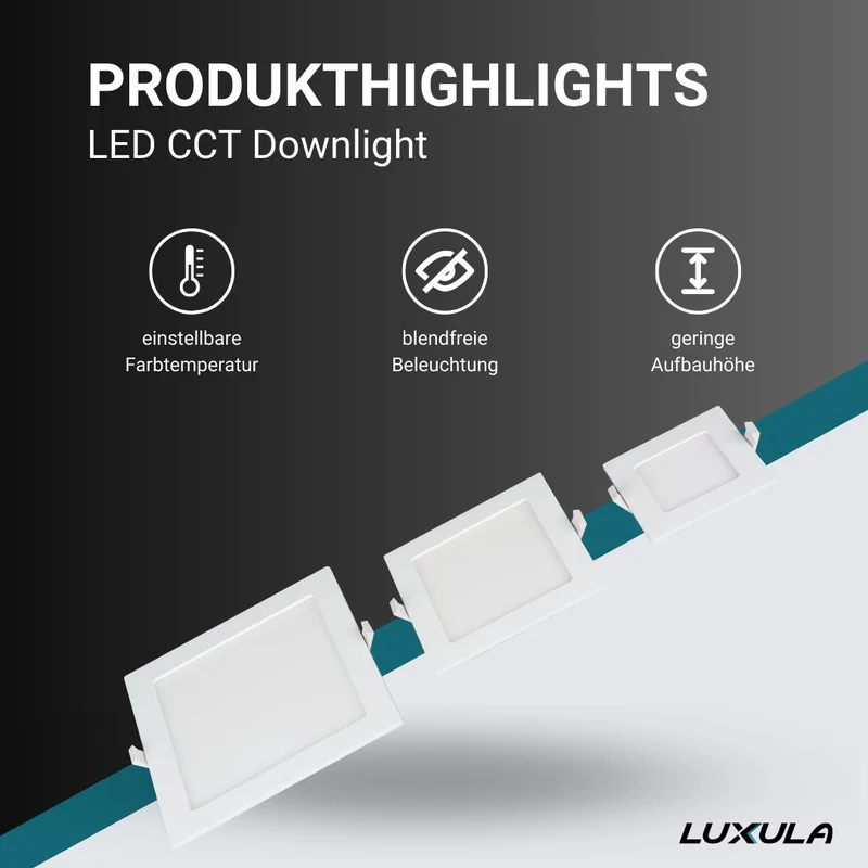 6er Set LED CCT Downlight, 6W, 525 lm, 115x32mm, 3000-4000-6000K einstellbar, mit Diffusor, eckig