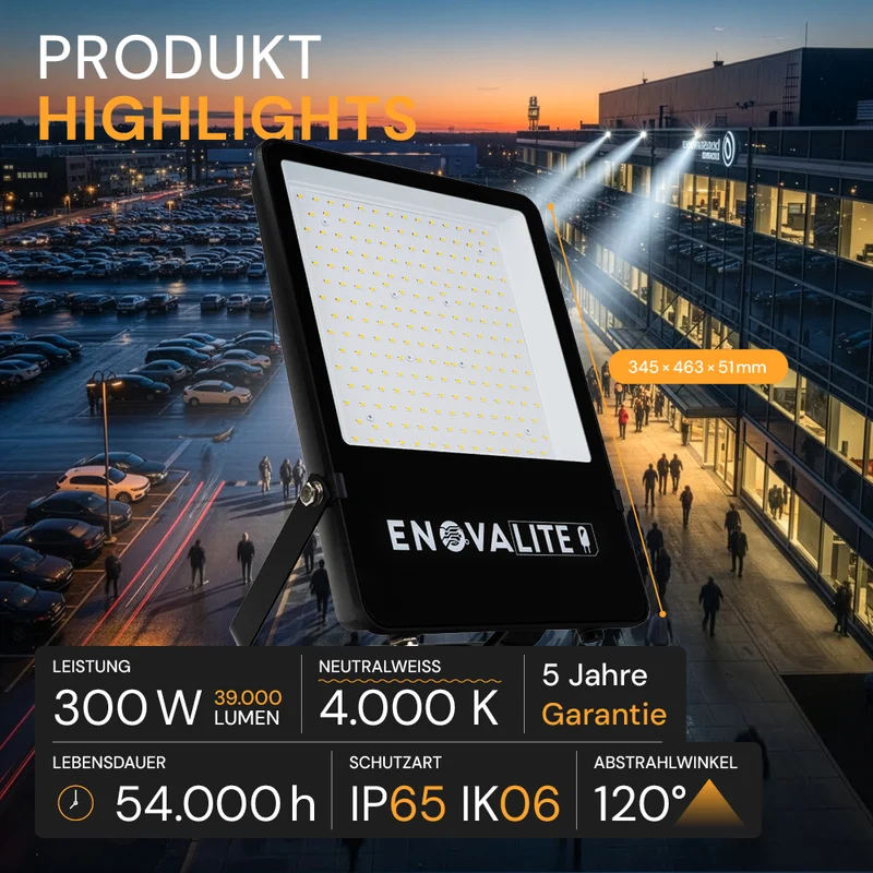 LED-Fluter, 300 W, 4000 K (Neutralweiß), 39.000 lm, P65