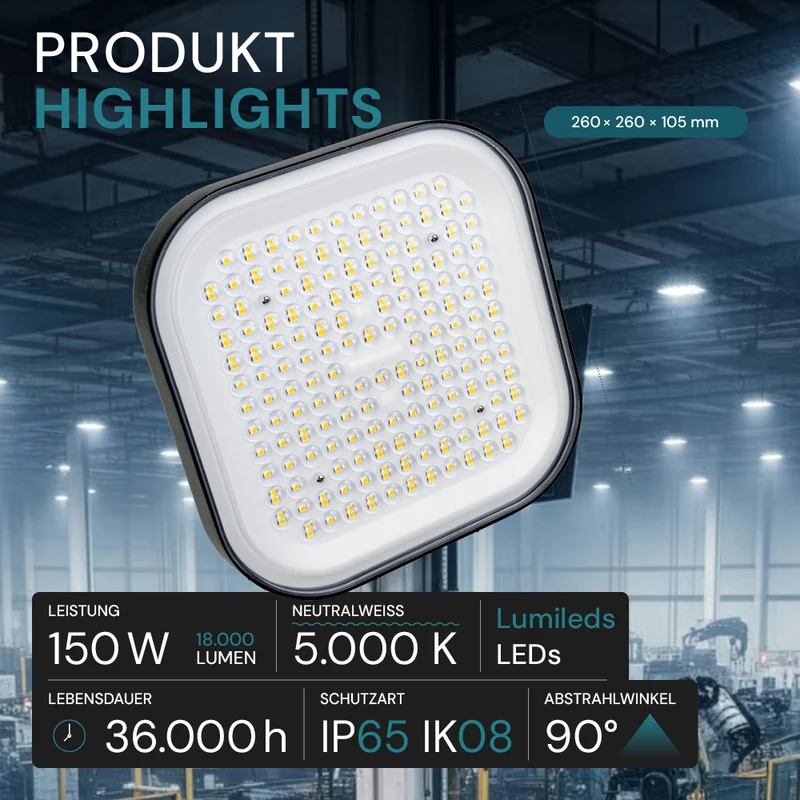 LED-HighBay, Hallenstrahler quadratisch, 150 W, 18000 lm, 5000 K (neutralweiß), IP65