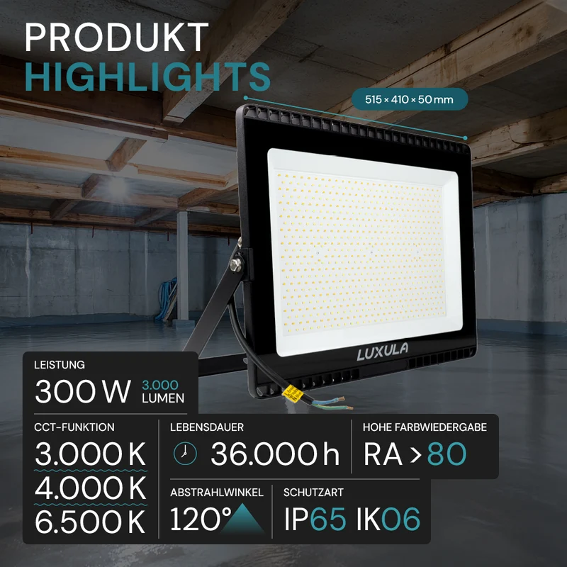 LED CCT Fluter, 300 W, 3000-6500 K (warm-, neutral-, kaltweiß), 30000 lm, schwarz, IP65