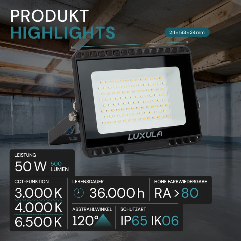 LED CCT Fluter, 50 W, 3000-6500 K (warm-, neutral-, kaltweiß), 5000 lm, schwarz, IP65
