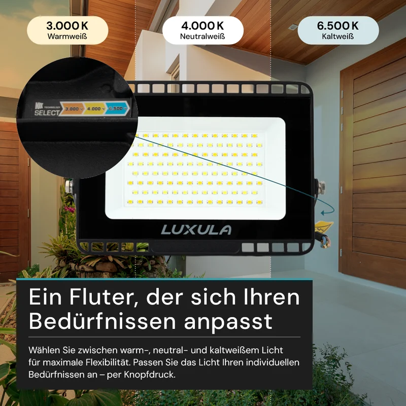 LED CCT Fluter, 50 W, 3000-6500 K (warm-, neutral-, kaltweiß), 5000 lm, schwarz, IP65