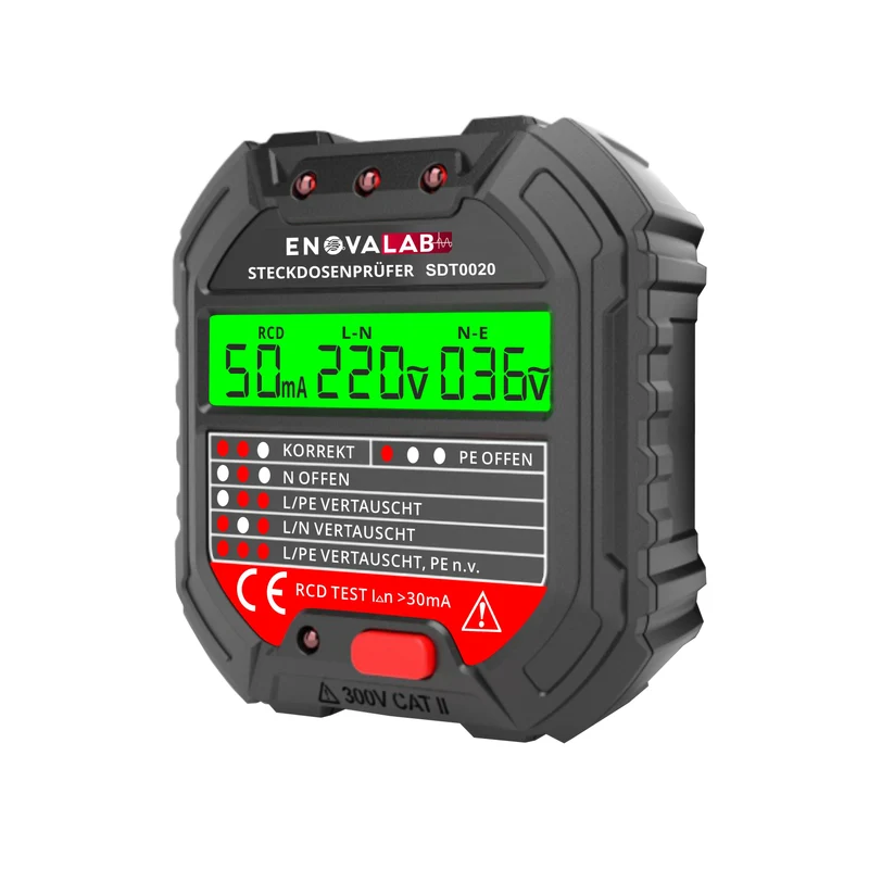 Steckdosentester mit RCD-Prüfung und umfangreichen LCD Display