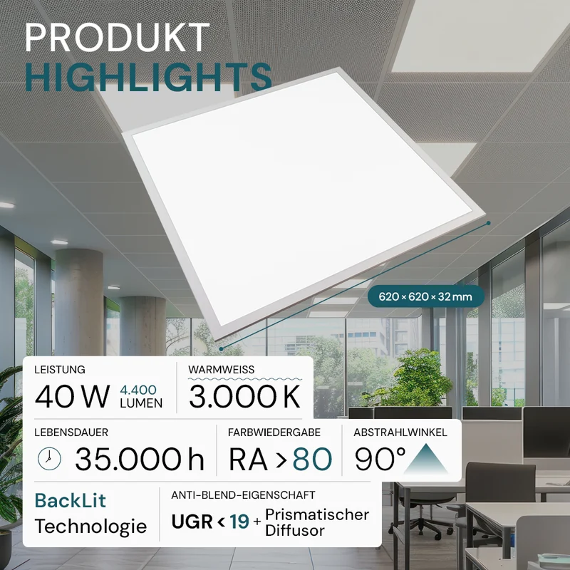 LED BackLit Panel UGR<19, 62x62, 40W, 4400 lm, 3000K, 90°