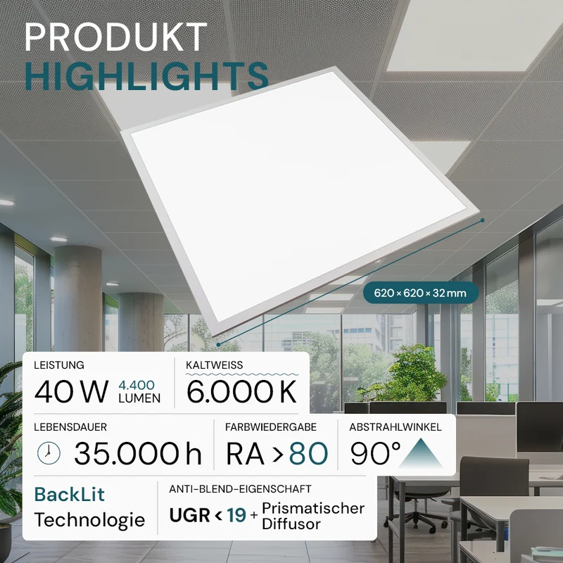LED BackLit Panel UGR<19, 62x62, 40W, 4400 lm, 6000K, 90°