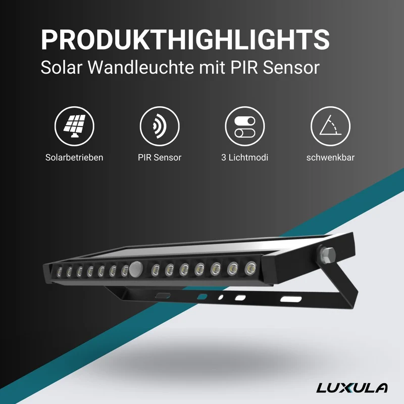 Solar Wandleuchte mit PIR-Sensor, Outdoorleuchte, 10W, 1000lm, 6500K, IP54, schwenkbare LED-Lichtleiste