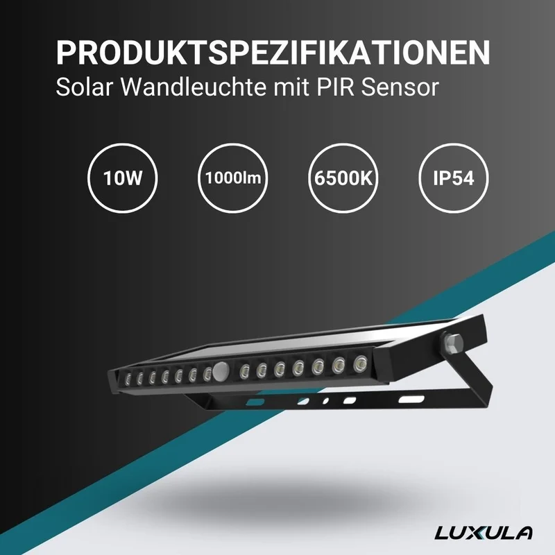 Solar Wandleuchte mit PIR-Sensor, Outdoorleuchte, 10W, 1000lm, 6500K, IP54, schwenkbare LED-Lichtleiste